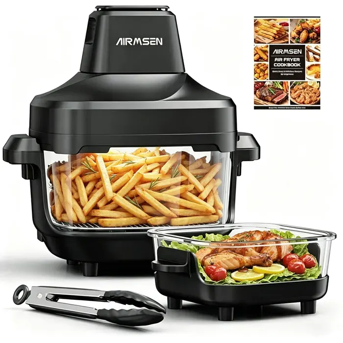 AIRMSEN Friteuse sans Huile 57L (2 Zones) 1500W Air Fryer 4 Programmes Température Temps Réglables Cuisson Visible Saine Frites