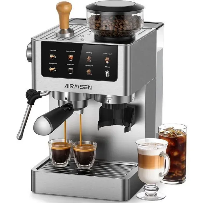 AIRMSEN Machine à Café avec Broyeur – Cafetiere a Grain avec Mousseur à Lait 20 Bars Inox Cappuccino Latte Café Glacé