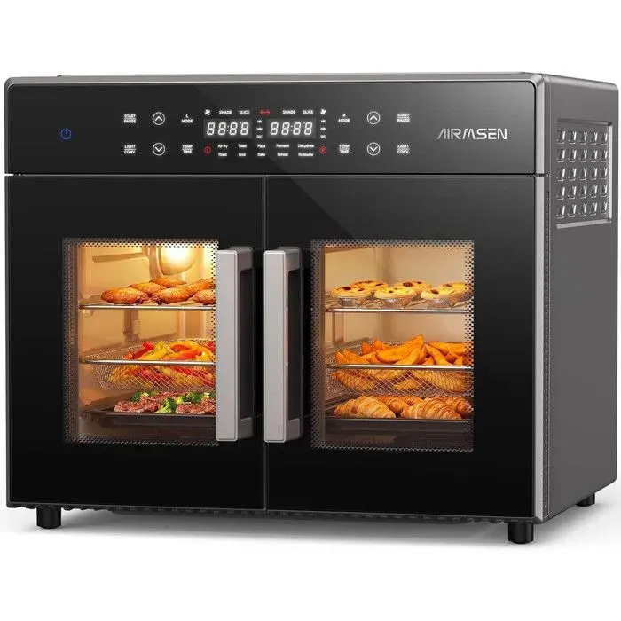 AIRMSEN Mini Four Électrique 30L à 2 Portes – 2 Zones de Cuisson Réglages Indépendants 10 Programmes 2400W Tournebroche 360°