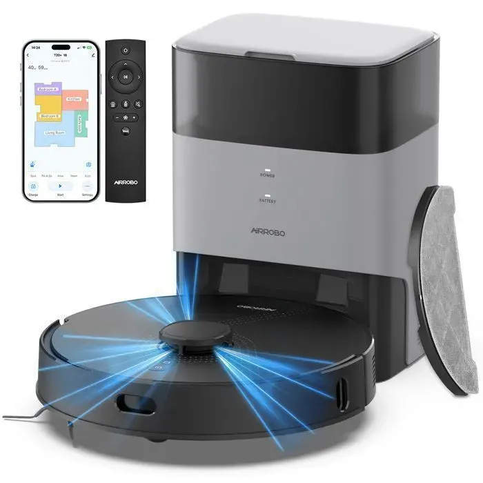 AIRROBO L40+ Aspirateur Robot Laveur Connecté 8000Pa Station Auto Vidage - 180 min - Navigation LiDAR - Idéal Poils dAnimaux Tapis