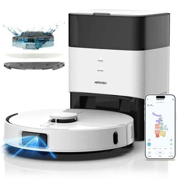 AIRROBO L60+ Aspirateur Robot Laveur avec Station 12000Pa - 35 L 240 Min - Cartographie LiDAR Évitement dObstacles laser Blanc