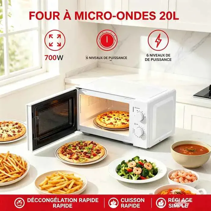 alanz micro-ondes mécanique 20L 700W 6 niveaux de puissance mode décongélation intérieur facile à nettoyer