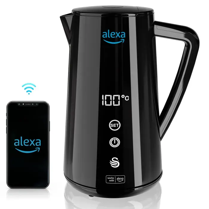 Alexa Bouilloire Électrique Intelligente WIFI 15L Sans Fil Écran Tactile LED SWAN SK14650BLKNEU 1800W Noir