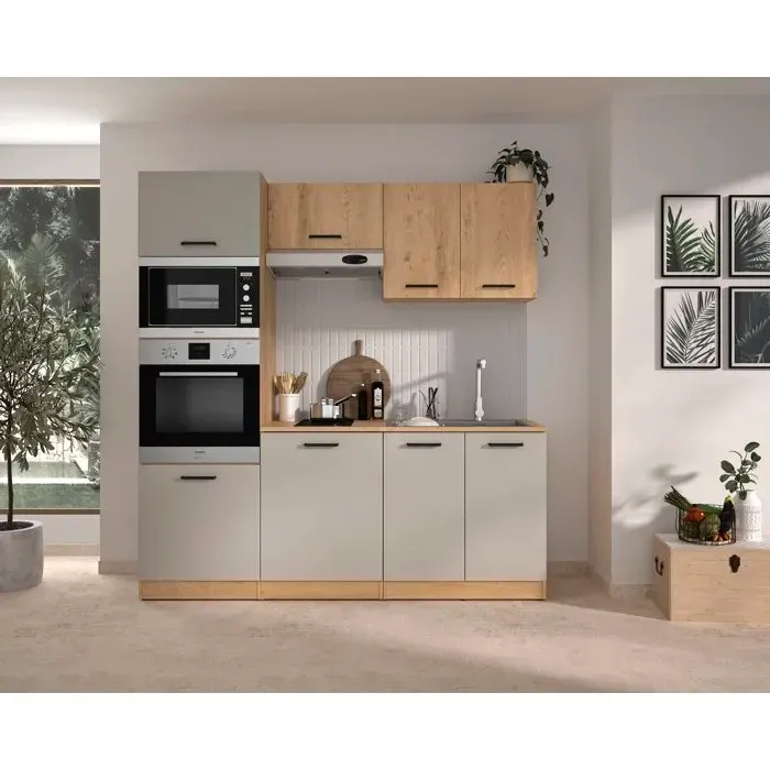 ALPAGA - Cuisine complète - Chêne silva / Grège - 200 x 60/31 x 211 cm - Avec colonne four et plan de travail - GAMI