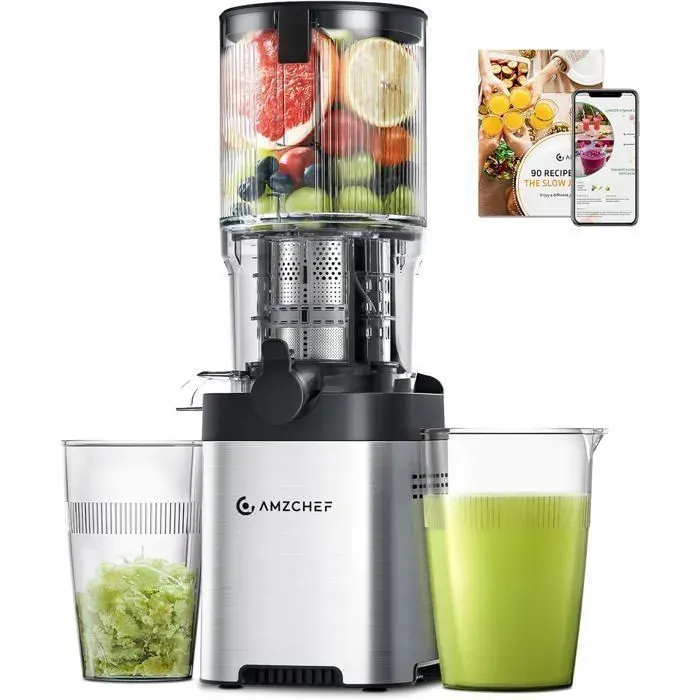 AMZCHEF Extracteur de Jus de Fruits et Légumes Grande Goulotte 136 mm Rendement en jus de 99.6 % Argent