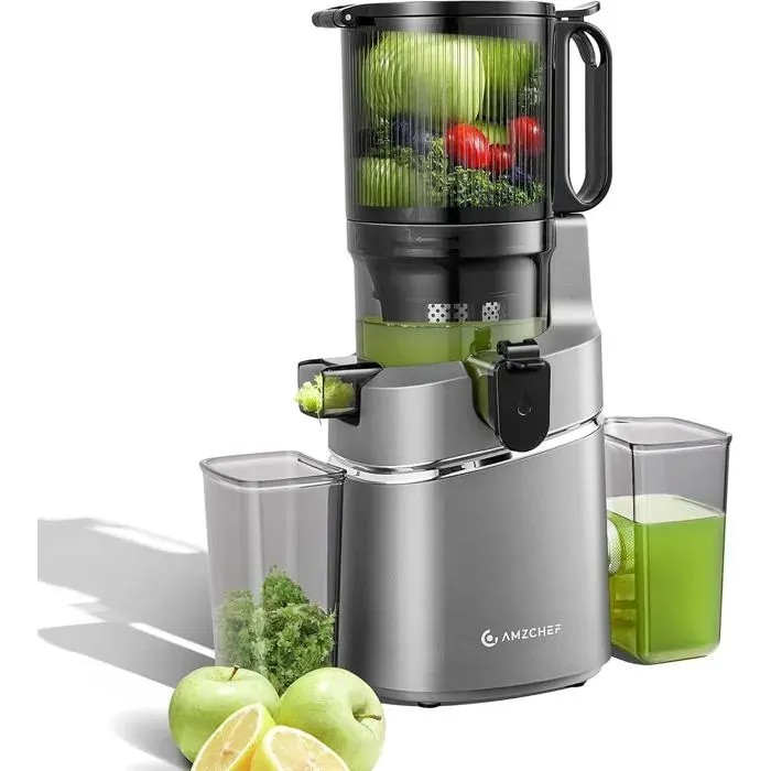 AMZCHEF Extracteur de Jus Lent Sans Préparation 145mm Nettoyage Rapide 18 L Rendement en jus de 99.6% Gris