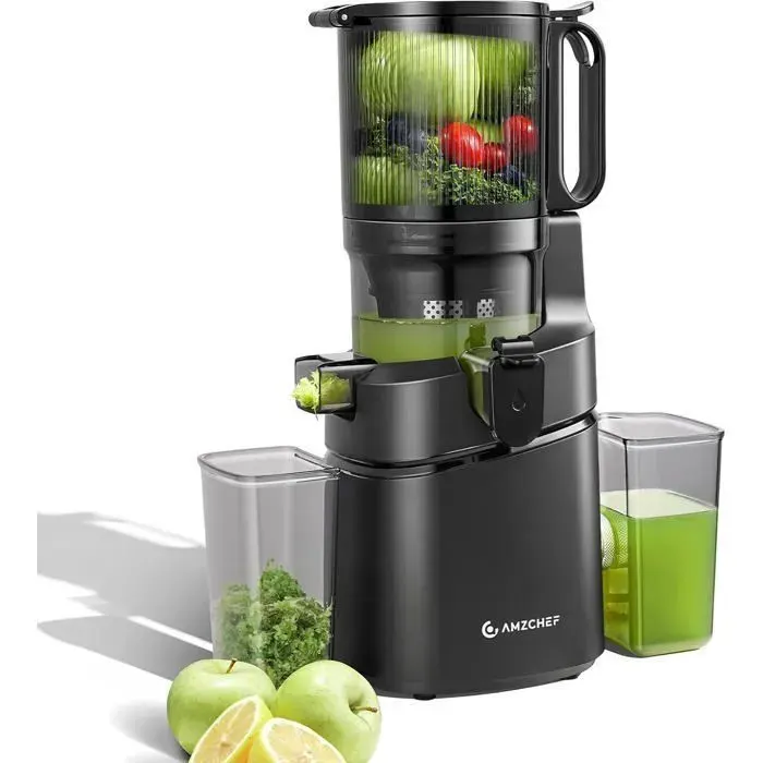 AMZCHEF Extracteur de Jus Lent Sans Préparation 145mm Nettoyage Rapide 18 L Rendement en jus de 99.6% Noir