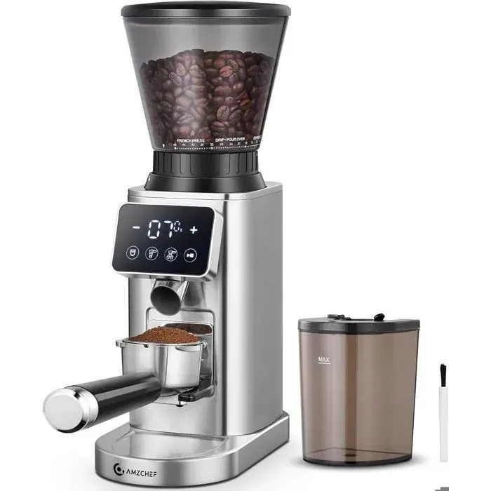 AMZCHEF Moulin à Café Électrique avec Écran Tactile OLED 48 Niveaux de Mouture Externes Moulin à Cône Capacité 300g