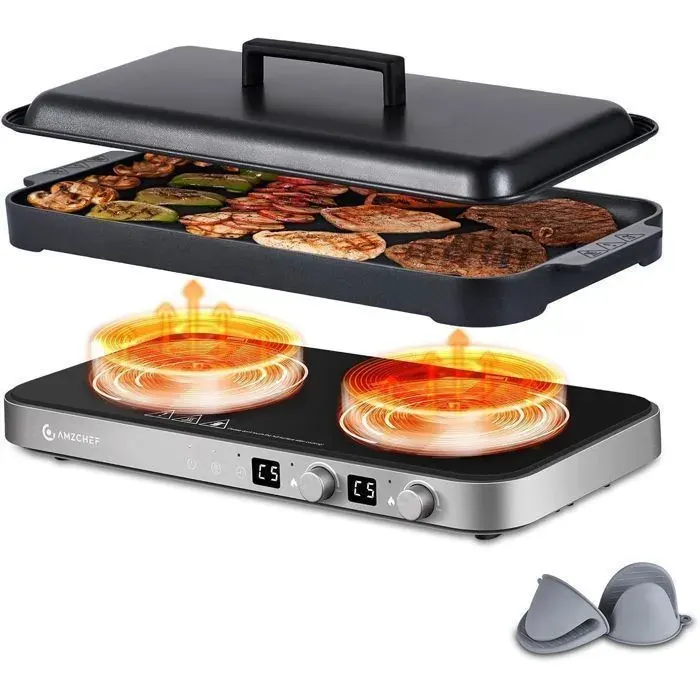 AMZCHEF Plaque Induction 2 foyers 3000W avec plaque gril amovible 9 niveaux de puissance pour BBQ camping