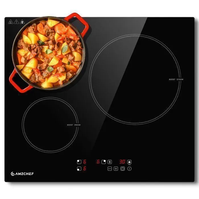 AMZCHEF Plaque induction 3 foyers 7400W 9 niveaux de puissance plaque de cuisson avec 3 boosters minuterie