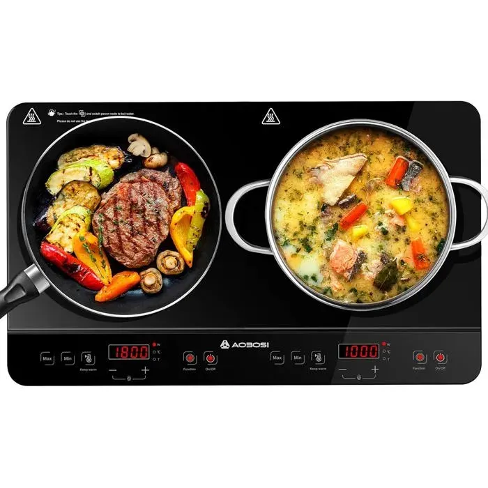 AOBOSI Plaque de Cuisson 2 Feux 3500W Plaque Induction Multifonction 20 Niveaux de Température Plateau en Verre Cristal