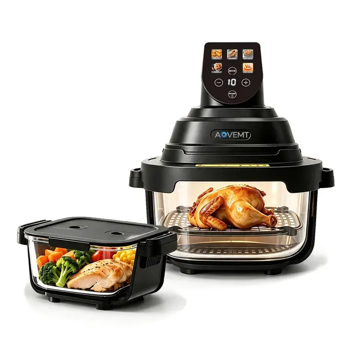 AOVEMT Air Fryer Friteuse sans huile 1500W Double Cuve Verre (4L+1.5L) 360° Visuel Sain sans revêtement Pour Famille et Solo