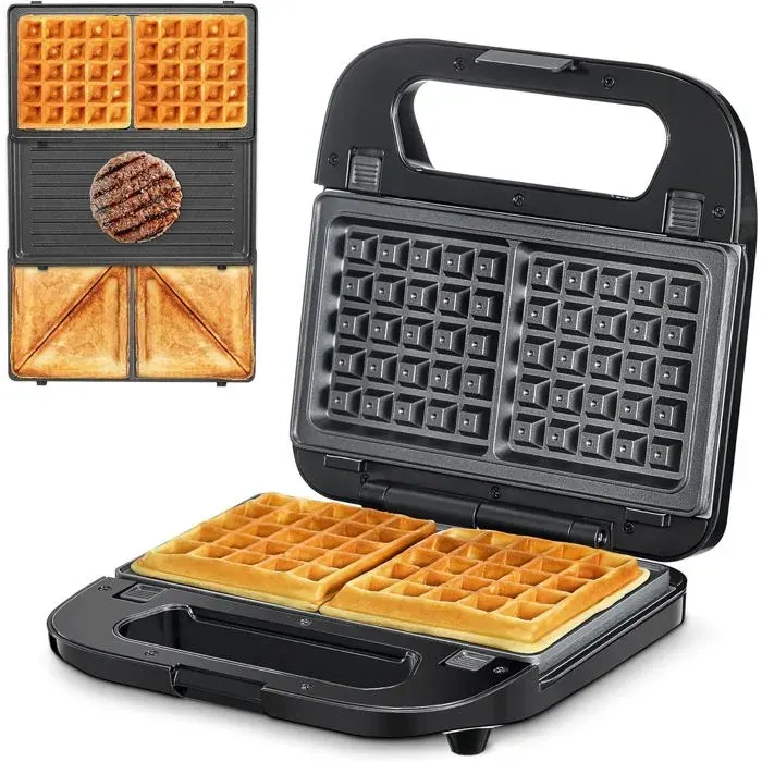 Appareil 3-en-1 750 W Plaques interchangeables (sandwich grill gaufrier) Antiadhésif Easy Eject Chauffe rapide