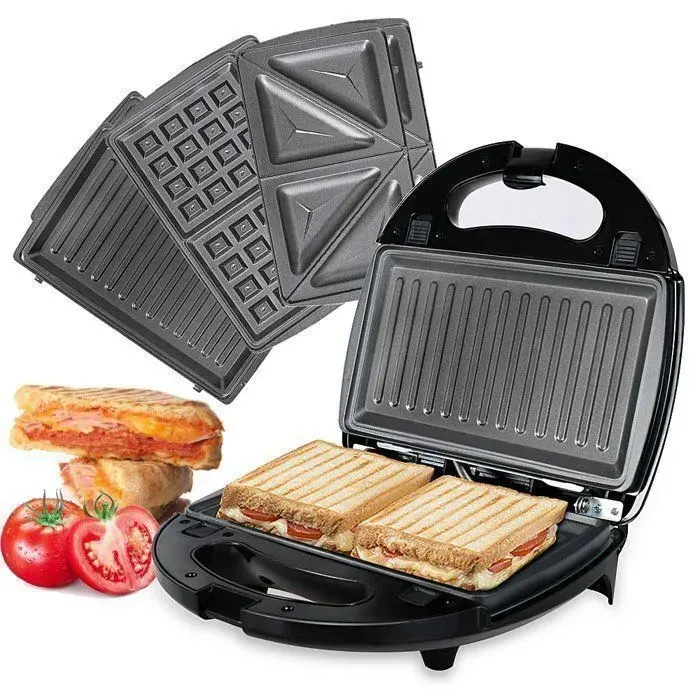Appareil 3 en 1 Grill Gaufrier Croque Monsieur Machine à Panini Plaques remplaçables avec revêtement antiadhésif 750W - Noir