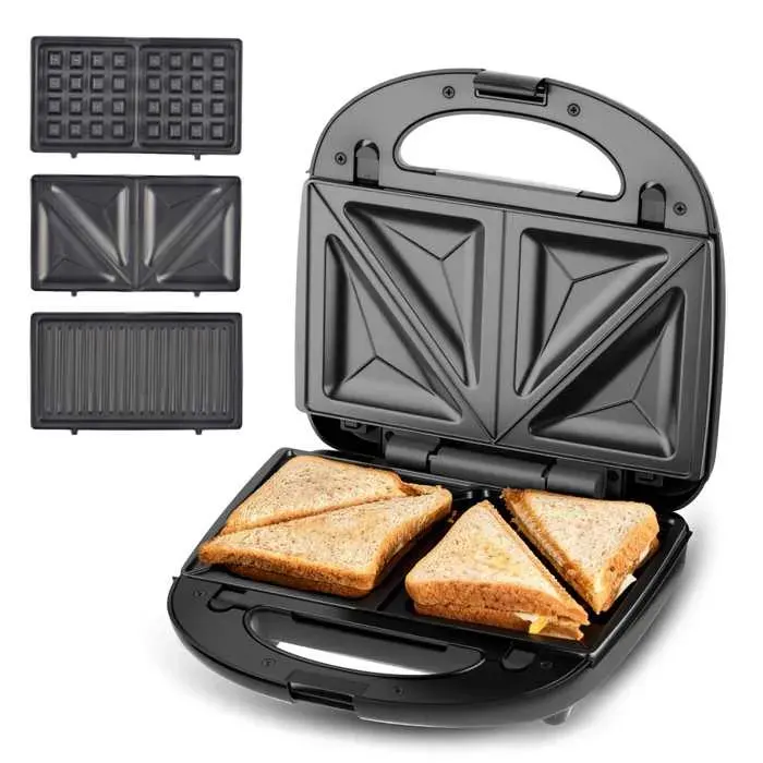 Appareil 3 en 1 Multifonction 800W Croque Monsieur Gaufrier Grill Plaques Antiadhésives Compatible Pain XXL Design Inox et Noir