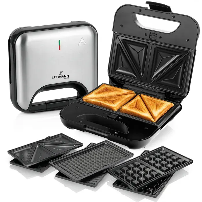Appareil à Croque Monsieur 3 en 1 - Lehmann Toast 1200 - 800W - Plaques Amovibles Antiadhésives - Gaufrier & Grill - Noir