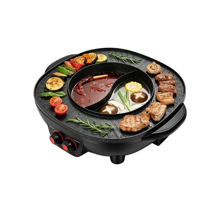 Appareil à fondue chinoise avec grill 2 en 1 4000W Barbecue Coréen de Table Marmite Multifonction 5-6 Personnes 26cm