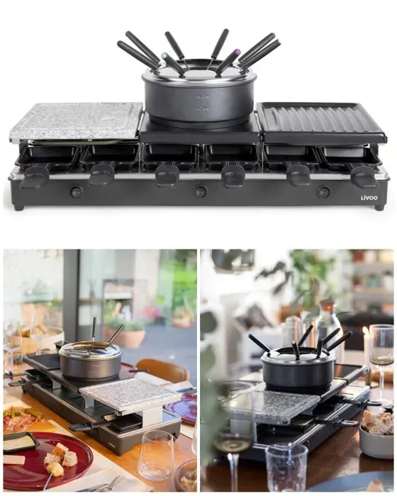 Appareil à fondue électrique 12 Personnes + Appareil à raclette 1650W 12 caquelons avec revêtement antiadhésif