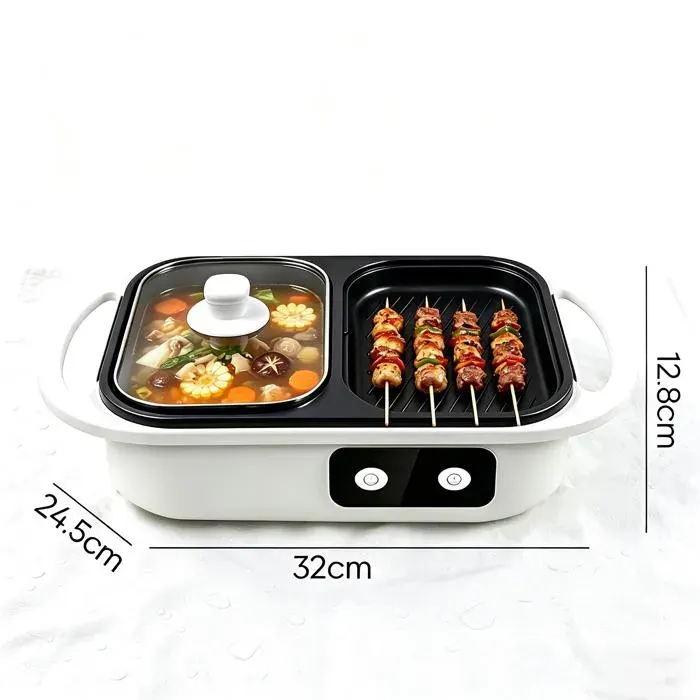 Appareil à fondue électrique 1300W/1L - Fondue 2 en 1 - Avec grill - Revêtement antiadhésif - Combiner fondue chinoise et barbecu