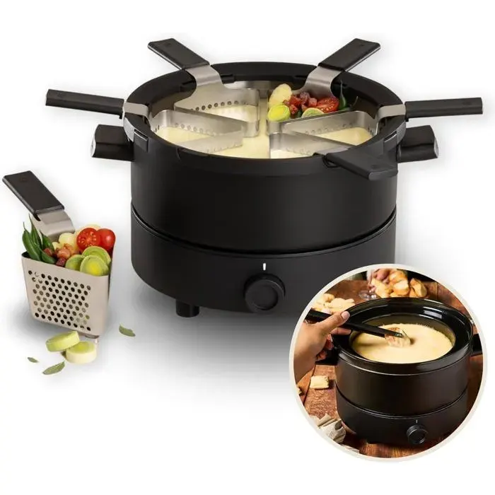 Appareil à fondue électrique - DC LIFE - Evolution 3-en-1 - Caquelon inox 3 L - Bol céramique bain-marie - 6 paniers perforés