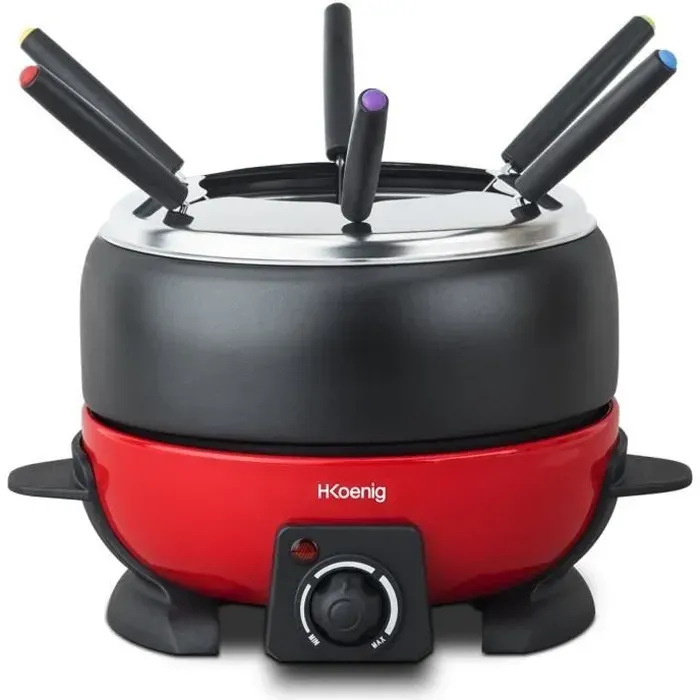 Appareil à fondue HKOENIG - ALP1800 - Jusquà 6 personnes - Capacité 2L - Thermostat réglable jusquà 190°C - 800W - Rouge/Noir