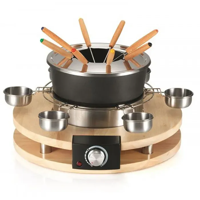 Appareil à fondue - KITCHEN CHEF - 8 personnes - 1300W - Caquelon anti-adhésif - Support en bois véritable