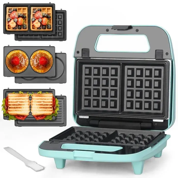 Appareil à gaufres 3 en 1 : plaques interchangeables gaufré crêpes paninis croque-monsieur antiadhésif acier inoxydable