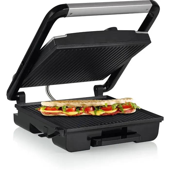 Appareil À Paninis Noir Brossé - Multifonction - Surface De Cuisson 30 X 27 Cm - 2 Portions - 2 000 W