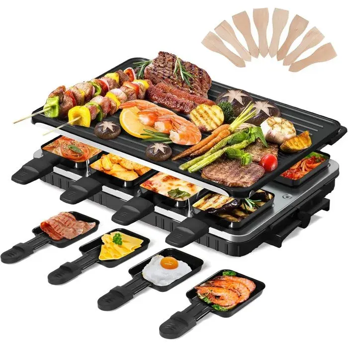 Appareil à raclette 8 personnes 2-en-1 1300 W - plaque réversible antiadhésive - 8 poêlons et 8 spatules en bois - lave-vaisselle