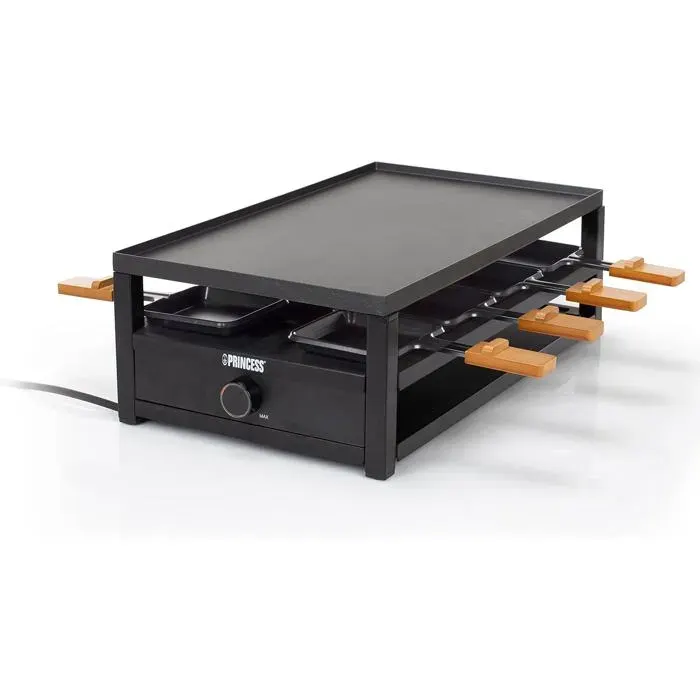 Appareil À Raclette Black Steel Pour 8 Personnes Plaque Amovible 44 X 25 Cm Thermostat À Anneau Lumineux Finition Modern[PE483]