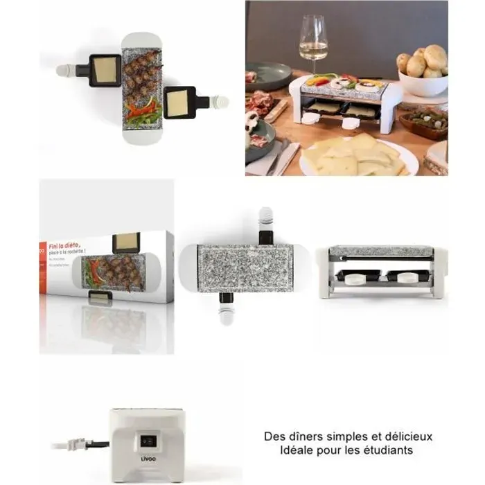 Appareil à raclette blanc 2 personnes avec Plateau amovible en granite Pieds antidérapants