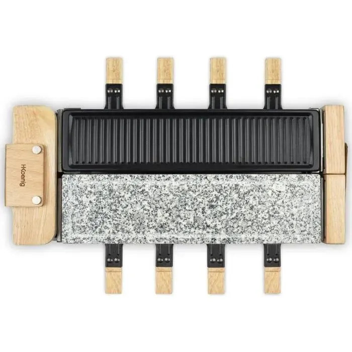 Appareil à raclette HKOENIG - WOD360 - Jusquà 8 personnes - Pierre à cuire base rotative - Design bois - 1400W