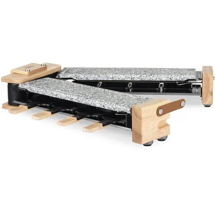 Appareil à raclette - HKOENIG - WOD362 - 1400 W - Jusquà 8 personnes - Pierre à cuire base rotative - Design bois