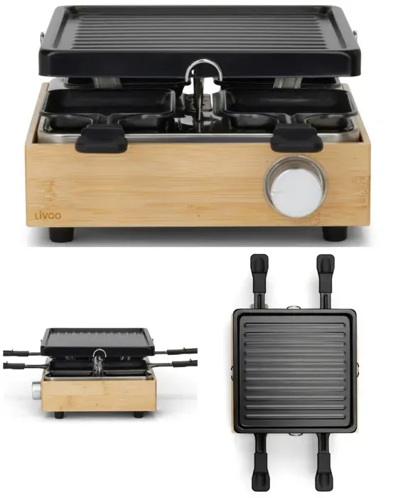 Appareil à raclette - LIVOO - Bois de bambou - 800W - 4 personnes - Revêtement anti-adhésif