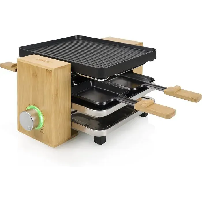 Appareil À Raclette Pure 4 Pour 4 Personnes Finition En Bambou Élégante Plaque Réversible Grill Et Teppanyaki Thermostat[PE321]