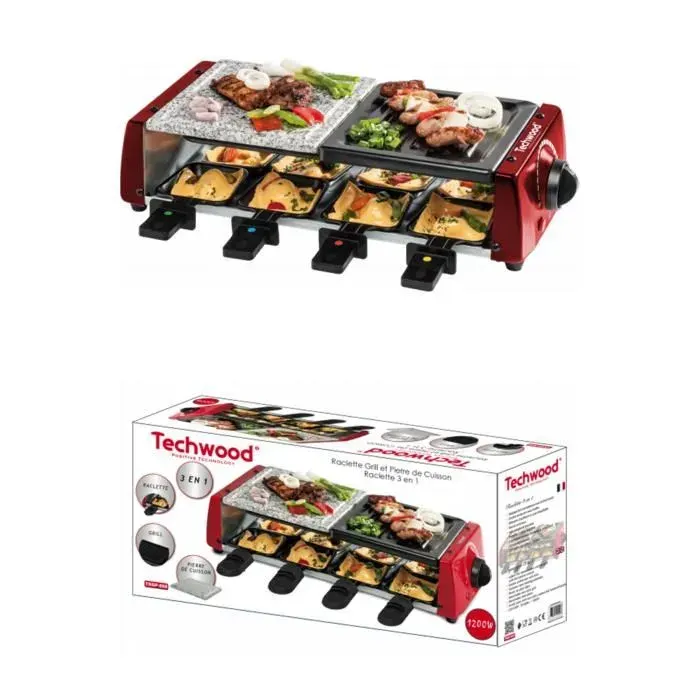 Appareil à Raclette - TECHWOOD - 8 personnes - 1200 W - Grilles antiadhésives - Rouge