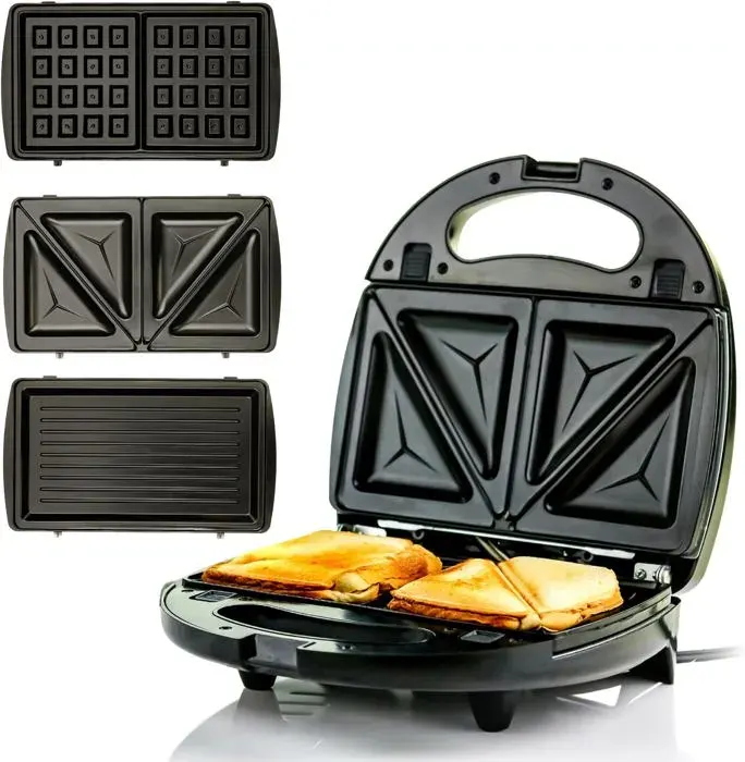 Appareil à Sandwich électrique 3 en 1 Presse à panini Gril et gaufrier Avec plaques Antiadhésives Amovibles Gaufrier 750W