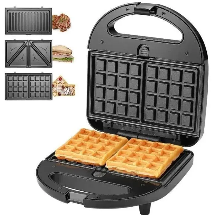Appareil à sandwich multifonction - Plaques interchangeables Thermostat automatique - Cuisine domestique - 750W Noir