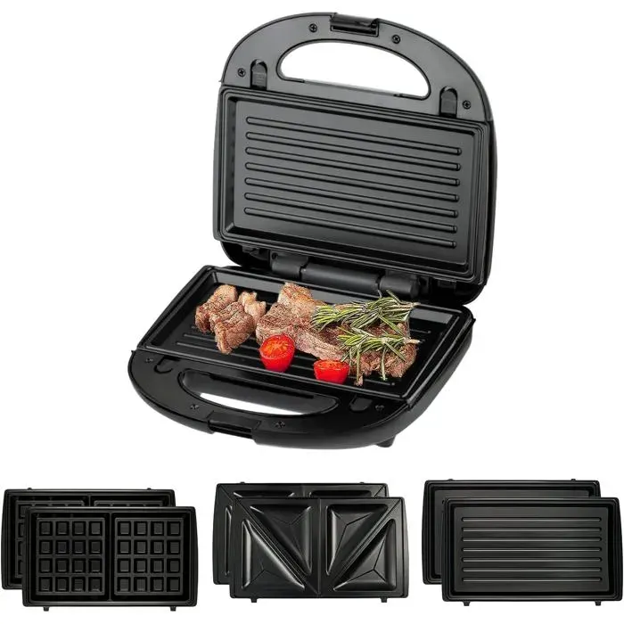 Appareil à sandwich multifonction - VETOBIOL - 3 plaques interchangeables - 800 W - Revêtement antiadhésif — coloris Noire