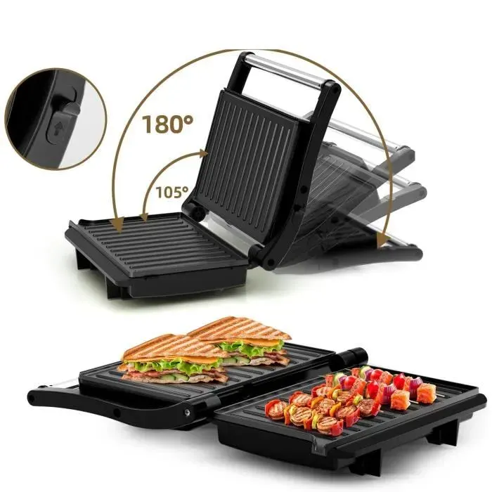 Appareil à Sandwichs - AZWIX - Ouverture à 180° - Revêtement Antiadhésif - 1000 Watts - Facile à Nettoyer