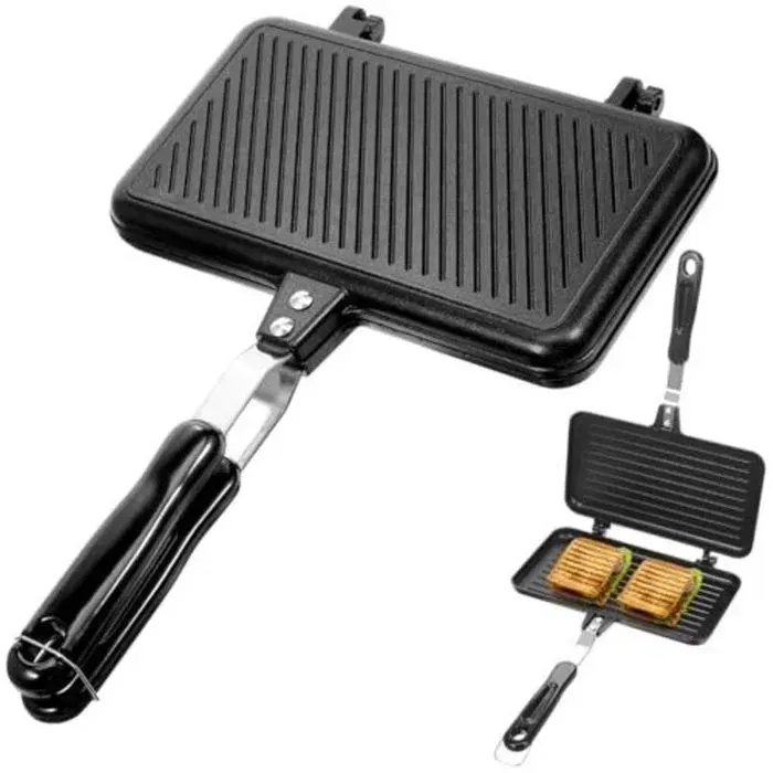 Appareil à sandwichs camping - Aluminium antiadhésif Rotation double face - Camping et cuisine - Noir pliable
