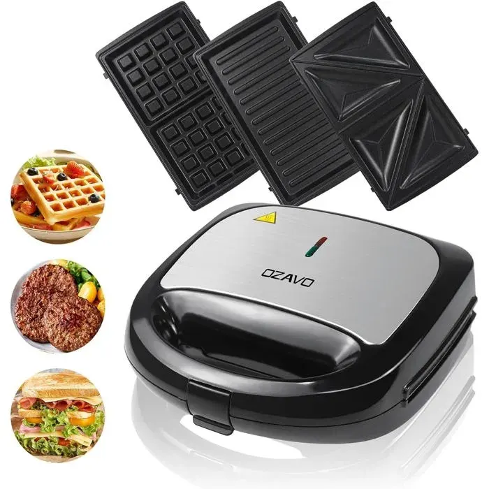 Appareil croque-monsieur 3-en-1 - 123 DESIGN - Plaques amovibles - Antiadhésif - 750W - Noir