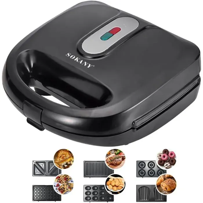 Appareil Multifonction 6-En-1 750W (Sandwich Maker Gaufrier Contact Grill Donut Maker Et Plus) Plaques Antiadhésives Cui[PE141]