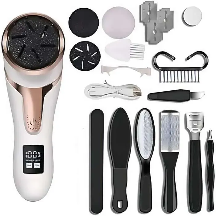 Appareil Pédicure Électrique avec Aspirateur Lime à Pieds Étanche 2 Vitesses Affichage Numérique Rechargeable USB Blanc