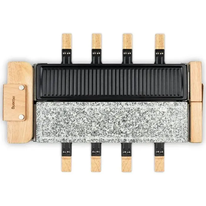 Appareil Raclette 8 Personnes 1400W Grill Fondue Pierre Granit Et Bois Naturel Socle Pivotant 180° 8 Poêlons Et Spatules