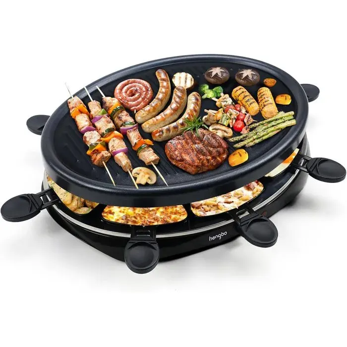 Appareil Raclette 8 Personnes Plancha Electrique Grill Thermostat Réglable Avec 2 Spatules Et 8 Poêlons Machine A Raclette P[PE500]