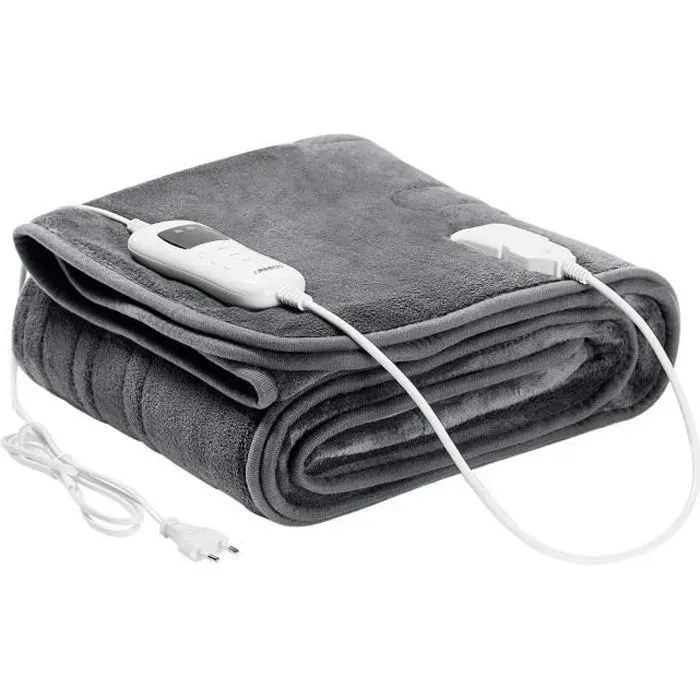AREBOS Couverture chauffante 160x120 cm Arrêt automatique minuterie fonction de préchauffage 9 niveaux de chauffage Gris