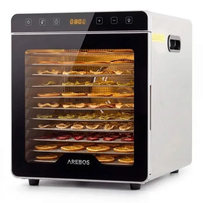 AREBOS Déshydrateur Alimentaire 800 W 29 L – 12 Grilles Inox Température Réglable 35–85 °C Minuterie 24 h Écran Tactile LED