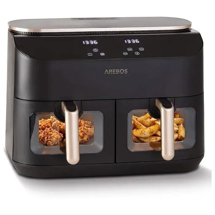 AREBOS Friteuse à Air Chaud Double XXL 10 L – 2 × 5 L 2450 W 8 Programmes Écran Tactile