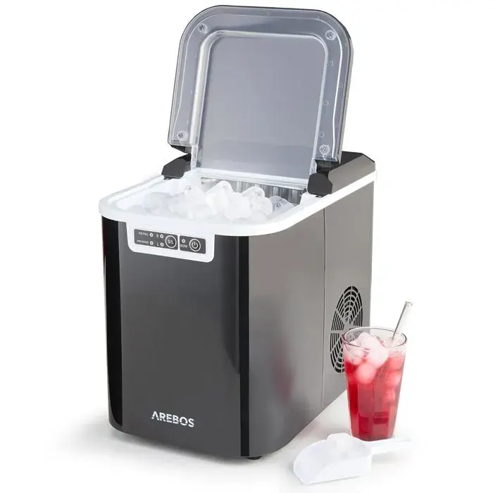 AREBOS Machine à glaçons 12 kg / 24 h 10-15 minutes de production 2 tailles de glaçons Réservoir deau de 22 litres Noir